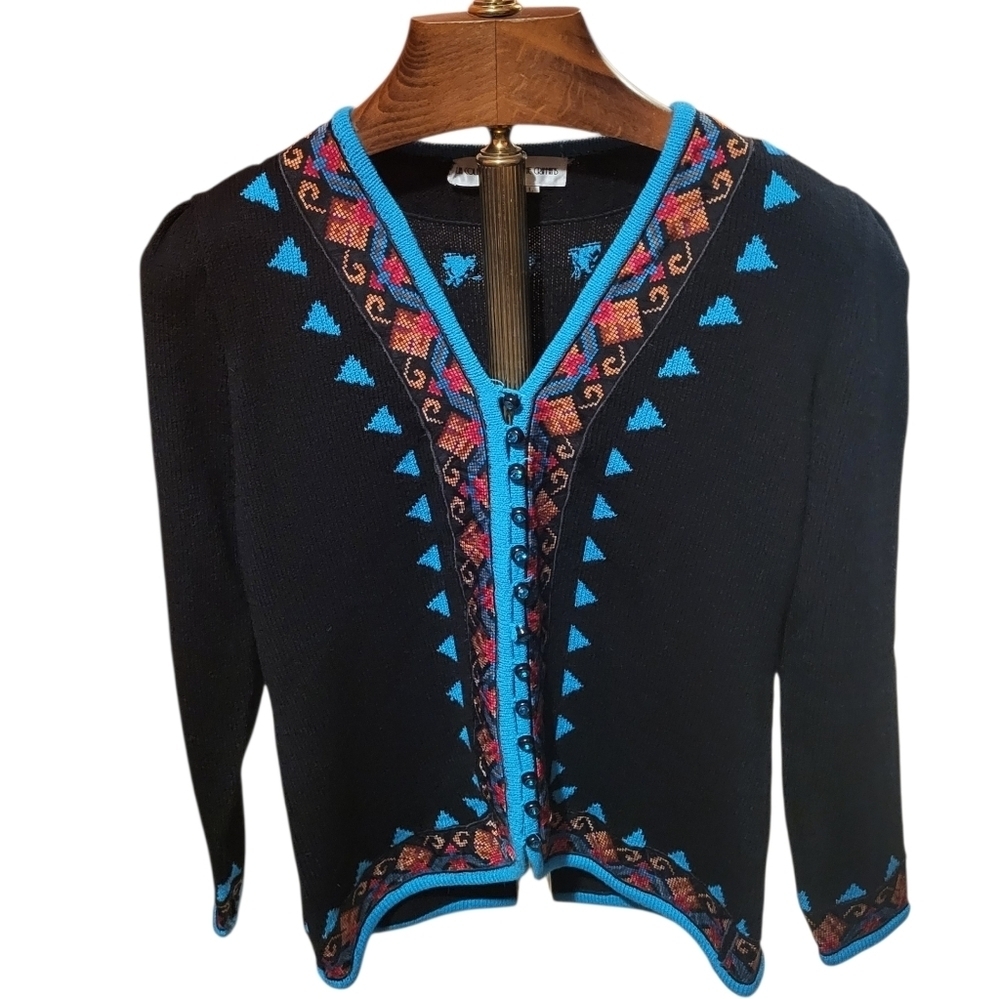 Vintage Anne Crimmins Embroidered  Black & Teal Blue Women's Sweater Sz Large